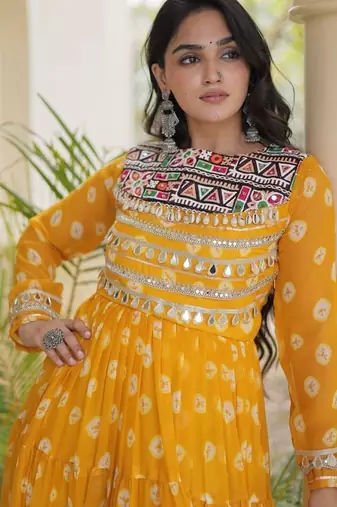 Bandhani print faux georgette gown with kutchi patchwork | 12 meter flair | m-xxl