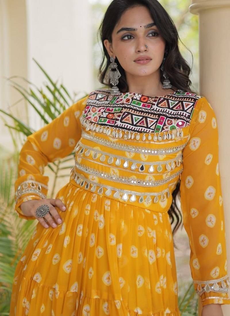 Bandhani print faux georgette gown with kutchi patchwork | 12 meter flair | m-xxl