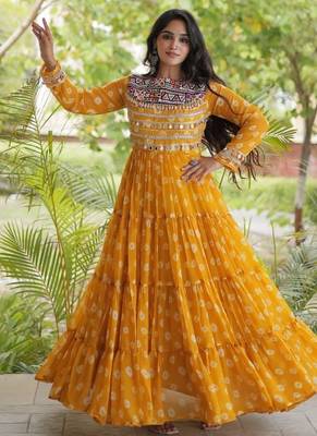 Bandhani print faux georgette gown with kutchi patchwork | 12 meter flair | m-xxl 5
