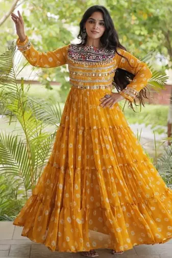 Bandhani print faux georgette gown with kutchi patchwork | 12 meter flair | m-xxl