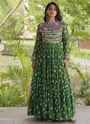 Bandhani print faux georgette gown with kutchi patchwork | 12 meter flair | m-xxl 1