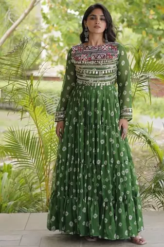 Bandhani print faux georgette gown with kutchi patchwork | 12 meter flair | m-xxl
