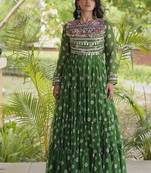 Bandhani print faux georgette gown with kutchi patchwork | 12 meter flair | m-xxl