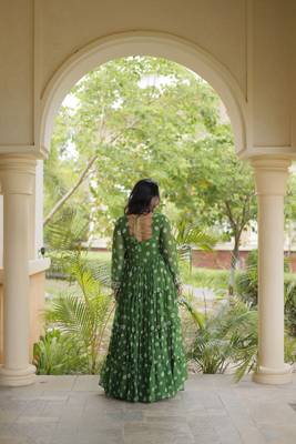 Bandhani print faux georgette gown with kutchi patchwork | 12 meter flair | m-xxl 2
