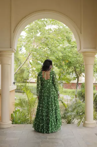 Bandhani print faux georgette gown with kutchi patchwork | 12 meter flair | m-xxl
