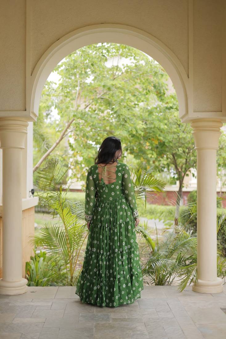 Bandhani print faux georgette gown with kutchi patchwork | 12 meter flair | m-xxl
