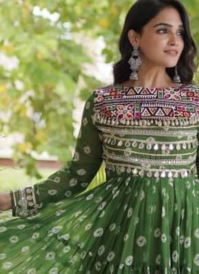 Bandhani print faux georgette gown with kutchi patchwork | 12 meter flair | m-xxl 3