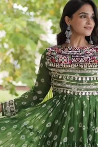 Bandhani print faux georgette gown with kutchi patchwork | 12 meter flair | m-xxl