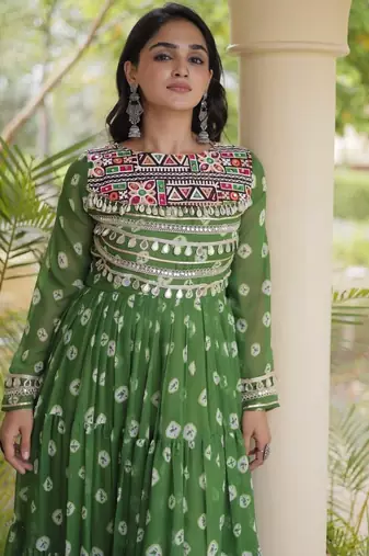 Bandhani print faux georgette gown with kutchi patchwork | 12 meter flair | m-xxl