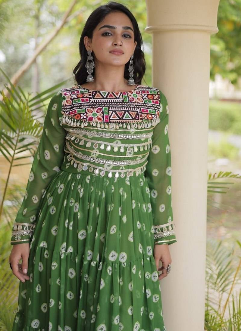 Bandhani print faux georgette gown with kutchi patchwork | 12 meter flair | m-xxl