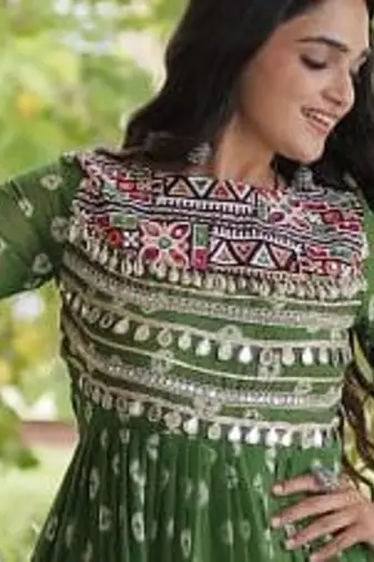 Bandhani print faux georgette gown with kutchi patchwork | 12 meter flair | m-xxl