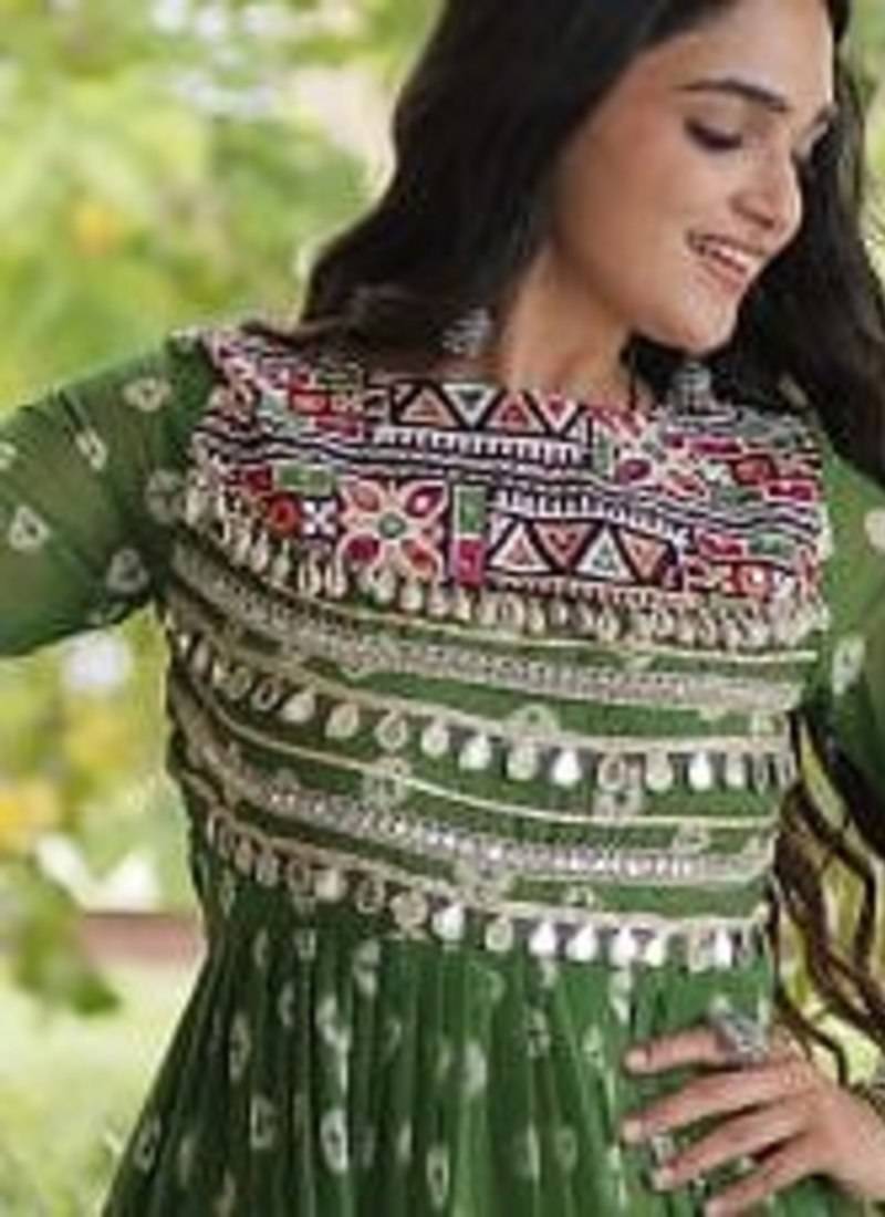 Bandhani print faux georgette gown with kutchi patchwork | 12 meter flair | m-xxl