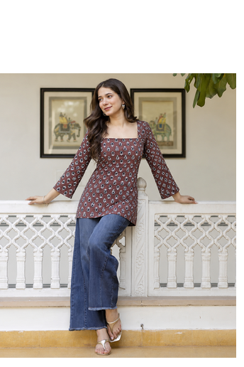 Women's rayon handprinted designer casual wear ethnic Floral Brown short kurti 1