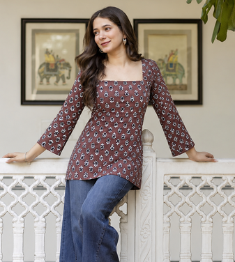 Women's rayon handprinted designer casual wear ethnic Floral Brown short kurti