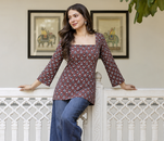Women's rayon handprinted designer casual wear ethnic Floral Brown short kurti