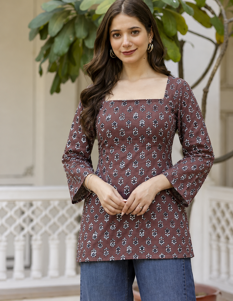 Women's rayon handprinted designer casual wear ethnic Floral Brown short kurti