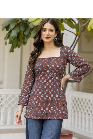 Women's rayon handprinted designer casual wear ethnic Floral Brown short kurti 3
