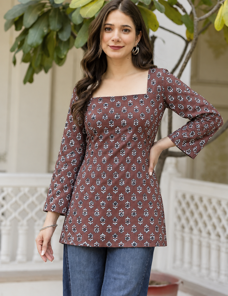 Women's rayon handprinted designer casual wear ethnic Floral Brown short kurti