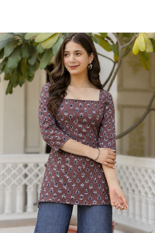 Women's rayon handprinted designer casual wear ethnic Floral Brown short kurti 4