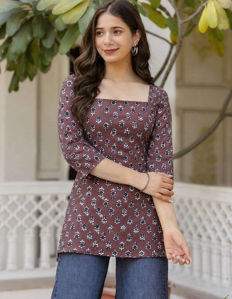 Women's rayon handprinted designer casual wear ethnic Floral Brown short kurti