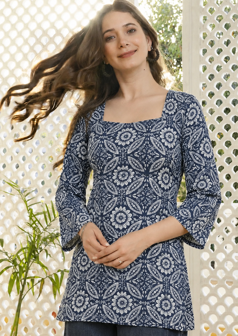 Women's Rayon Jaipuri Mandala Printed Ethnic Short Kurtas & Kurtis