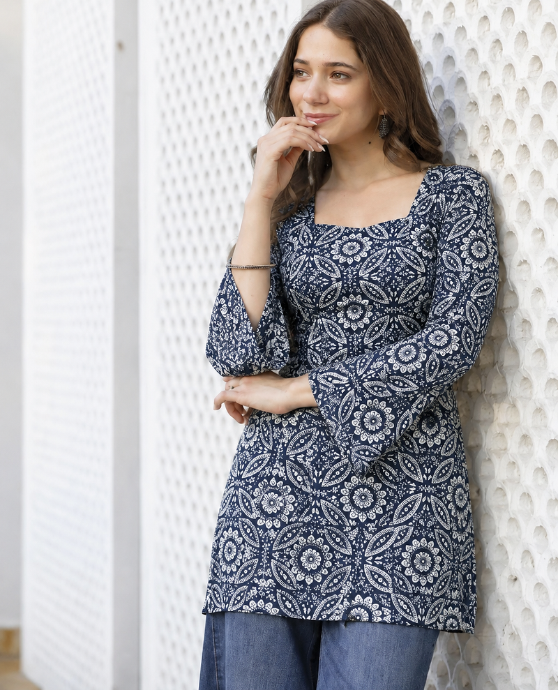 Women's Rayon Jaipuri Mandala Printed Ethnic Short Kurtas & Kurtis