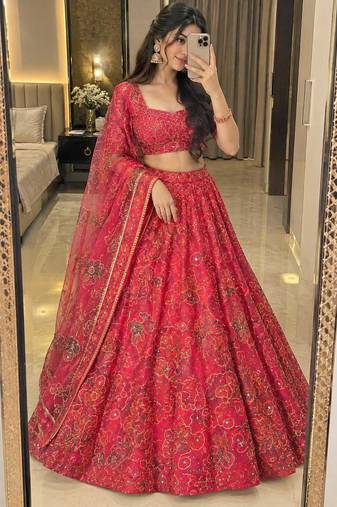 Red Mirror Lehenga Choli With Dupatta