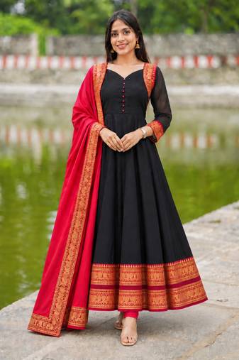 Black Anarkali Suit with Red Dupatta | Embroidered Ethnic Party Wear Dress