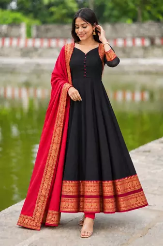 Black Anarkali Suit with Red Dupatta | Embroidered Ethnic Party Wear Dress