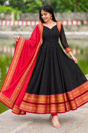 Black Anarkali Suit with Red Dupatta | Embroidered Ethnic Party Wear Dress
