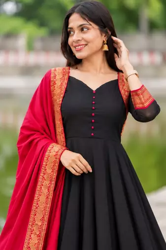 Black Anarkali Suit with Red Dupatta | Embroidered Ethnic Party Wear Dress