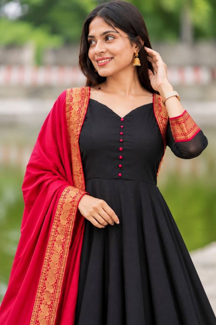 Black Anarkali Suit with Red Dupatta | Embroidered Ethnic Party Wear Dress