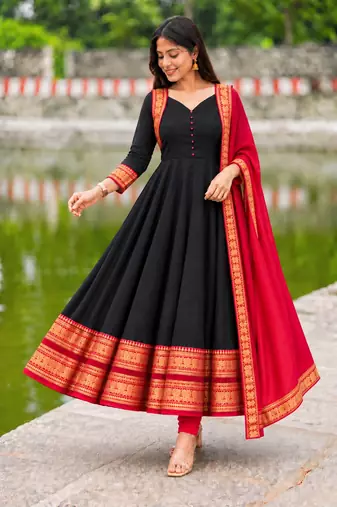 Black Anarkali Suit with Red Dupatta | Embroidered Ethnic Party Wear Dress