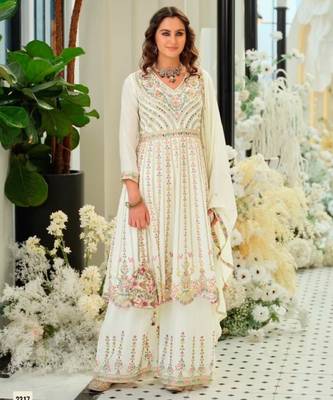 White chinon readymade suit with embroidery & sequence work 1