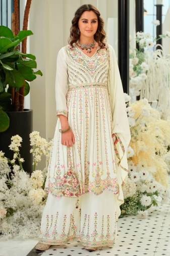 White chinon readymade suit with embroidery & sequence work