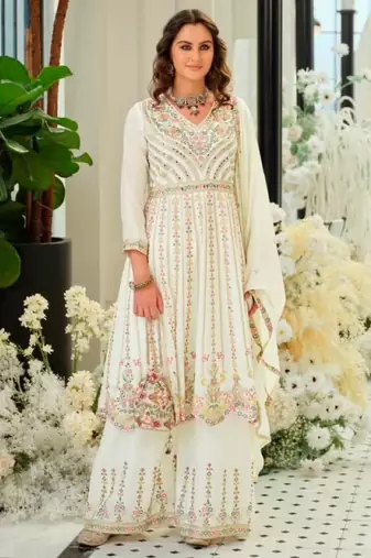 White chinon readymade suit with embroidery & sequence work
