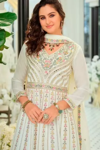 White chinon readymade suit with embroidery & sequence work