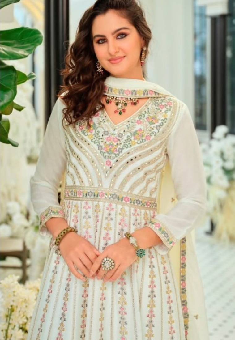 White chinon readymade suit with embroidery & sequence work
