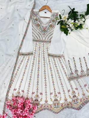 White chinon readymade suit with embroidery & sequence work 3