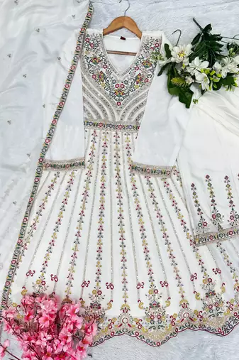 White chinon readymade suit with embroidery & sequence work