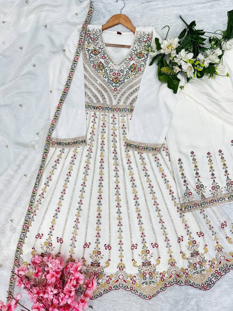 White chinon readymade suit with embroidery & sequence work