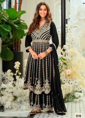 Black chinon readymade suit with embroidery & sequence work 1