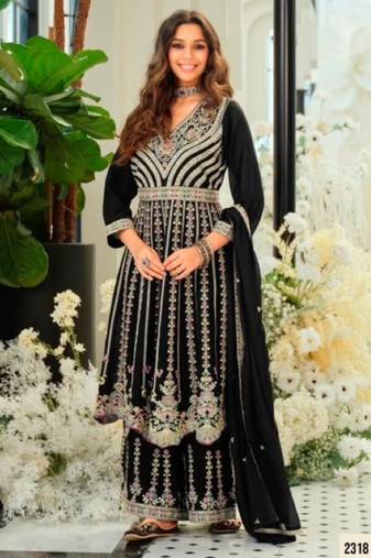 Black chinon readymade suit with embroidery & sequence work