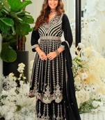 Black chinon readymade suit with embroidery & sequence work