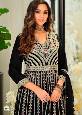 Black chinon readymade suit with embroidery & sequence work 2