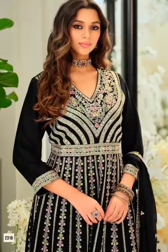 Black chinon readymade suit with embroidery & sequence work