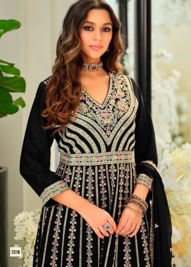 Black chinon readymade suit with embroidery & sequence work