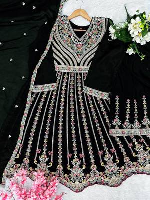 Black chinon readymade suit with embroidery & sequence work 3