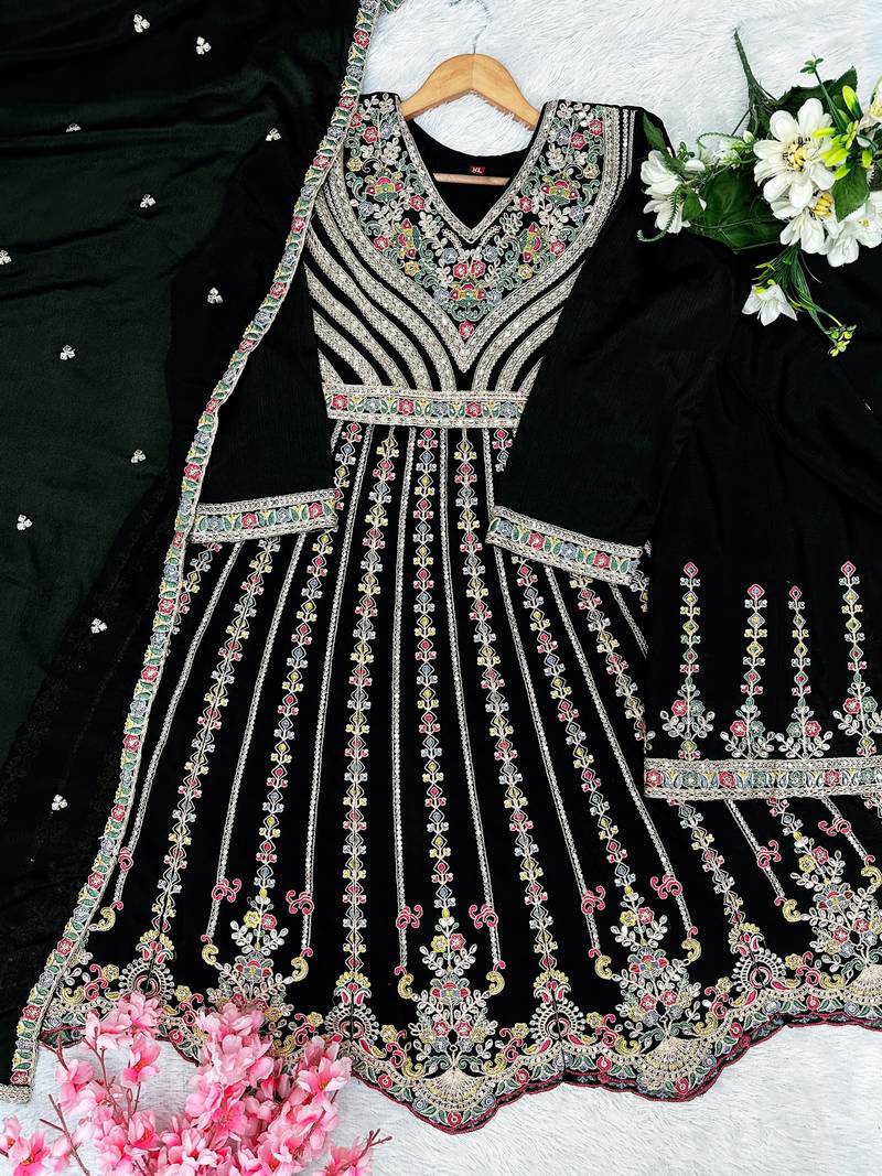 Black chinon readymade suit with embroidery & sequence work