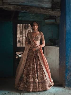 Brown Thread Lehenga Choli With Dupatta 1